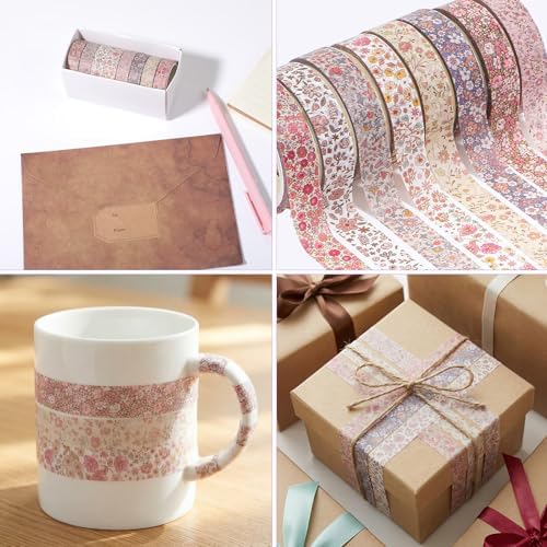 8 Rolls Flowers Arts Adhesive Tapes,Sakura Washi Tape Charming Vintage Washi Tape Bible Set Thin Retro Decorative Masking Tapes for Journals Scrapbooking DIY Crafts Planners Gift (Floral)