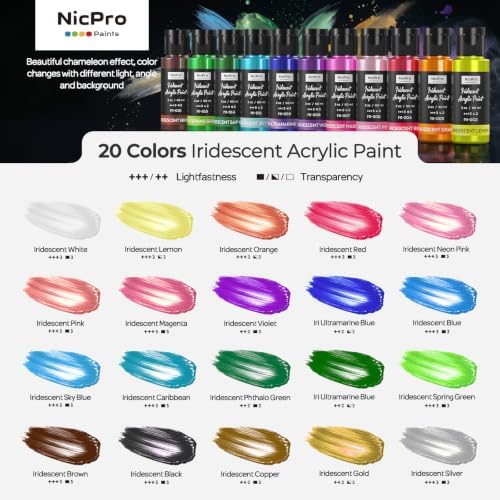 Nicpro 20 Colors Iridescent Acrylic Paint Set,2oz Chameleon Metallic Paint | Color Shifting Glitter Craft Paint, Non-Toxic DIY Art Painting Supplies,Paint Kit for Canvas Rocks Wood Glass Ceramic Fabric