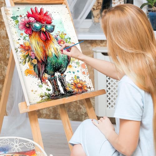 Bowetile Framed Paint by Numbers Chicken for Adults Beginners, Adults' Paint-by-Number Rooster Kits, Easy Adult Paint by Number Kits on Canvas, Acrylic Animals Number Painting for Home Decor, 8x12in