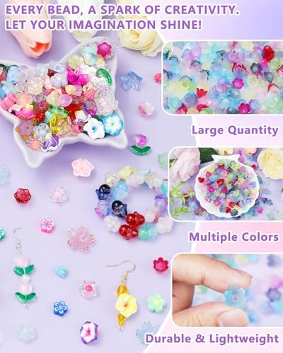 FIVEIZERO Flower Charms, 300PCS Acrylic Lily Flower Bead Caps, 10 Colors