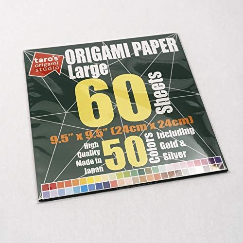 [Taro's Origami Studio] Large 9.5 Inch One Sided 50 Colors 60 Sheets Square Easy Fold Premium Japanese Paper for Beginner (Gold and Silver Included)