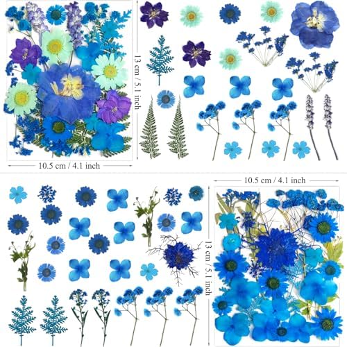 MIKIYA 94Pcs Blue Dried Pressed Flowers for Resin Molds, Assorted Real Natural Bulk Dry Floral Leaves for DIY Art Crafts, Epoxy Jewelry, Candle, Soap Making, Nails Decors Gifts