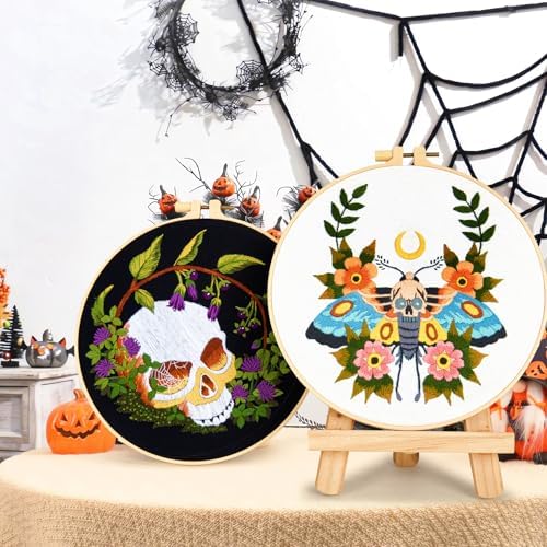 Gothic Skull Embroidery Starter Kits for Beginners Adults, Halloween Stamped Cross Stitch Kit for Beginners Adults, Flowers Hand Embroidery Needlepoint Kit, 2 Embroidery Hoop (Attached Video Tutorial)