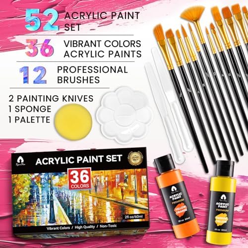 52 Pcs Acrylic Paint Set, 36 Colors 2oz/60ml Rich Pigments (Classic)