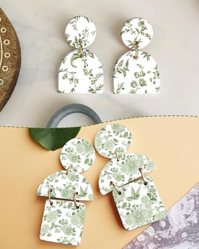 Puocaon Green Flower Clay Transfer Paper - 18 Pcs Chinoiserie Flower Art Design Transfer Sheets for Polymer Clay Brown Floral Earrings Design Jewelry Making