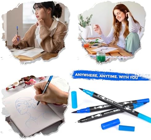 Blue Duo Tip Marker Pens, 12 Fine & Brush Tip Pen For Adult Coloring Books