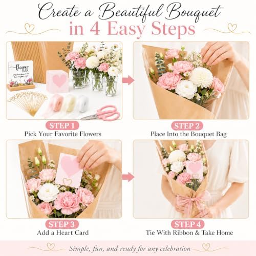 TOVEYI 50 Pcs DIY Flower Bar Kit for Events, Build Your Own Bouquet Bar Supplies with Floral Wrapping Paper, Card Holders, Cards, Chiffon Ribbons, Sign and Scissors for Wedding and Baby Shower