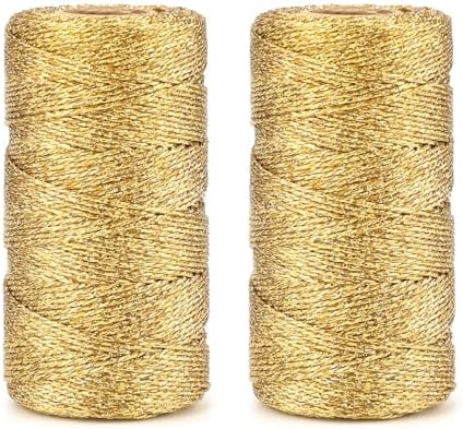jijAcraft 656 Feet Gold String Twine - 1.5mm Metallic Ornament Thread Gift Wrapping - Inelastic Macrame Glitter Twine Cord for Gift Wrapping, DIY Crafts, Bracelets