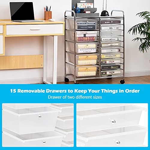 GOFLAME 15-Drawer Rolling Storage Cart, Craft Storage Cart with Removable Drawers & Lockable Wheels, Art Cart Supply Storage Organizer for Home Office Classroom, Clear