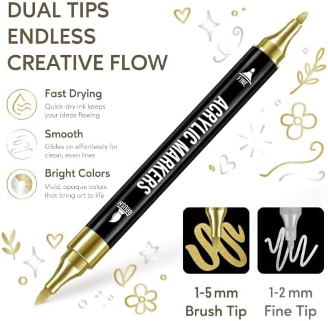 Pagather Gold and Silver Acrylic Paint Markers, 12 Dual Tip with Fine Tip and Brush Tip Pens for Fabric, Stone, Wood, Canvas, Ceramic, Metal, Glass, Rock Painting, DIY Crafts