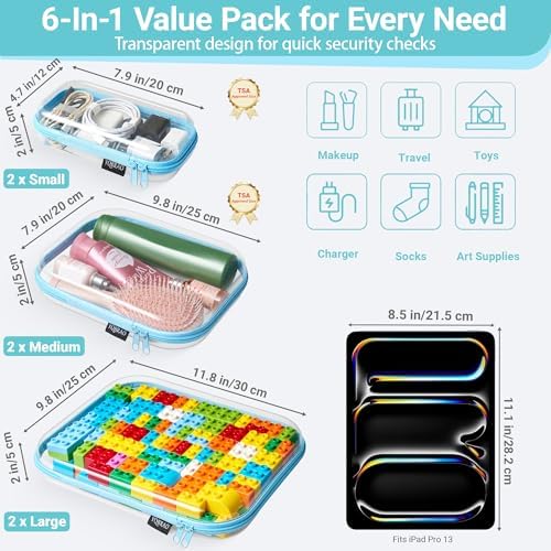 YQBRAO Clear Hard Shell Zipper Cases, 6 Multi-Size Organizers, Blue