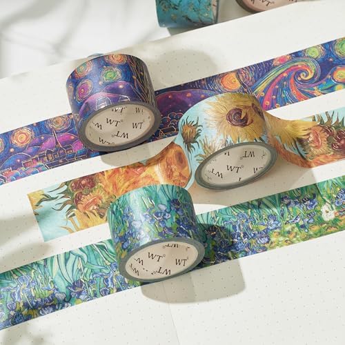 WT Van Gogh Washi Tape Set, Original Design, 3 Rolls, Gold Foil, 30mm Wide Decorative Masking Tape, Bujo Planner Supplies, DIY Art Crafts Paper Tape, Adhesive Wrapping Tape, Journals Gifts