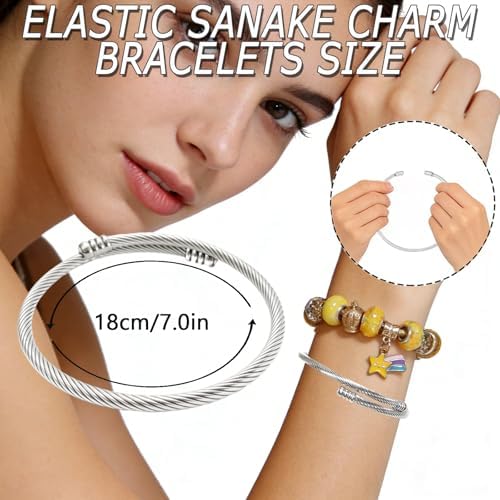 Exway 10 Pcs Elastic charm Bracelet chain Stainless Steel Cable Wire Twisted Cuff Bangle Bracelet Sliver charm Bracelets Kit for Crafts DIY Women Jewelry Making