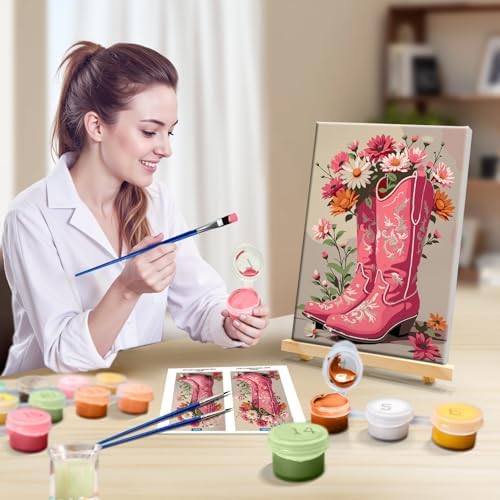 JOOZ Framed Paint by Numbers Kit for Adults, Pink Cowboy Boots Paint by Number with Easel, DIY Flowers Oil Painting by Numbers, Adult Paint by Number Kits Framed Canvas for Home Wall Decor 8x12 Inch