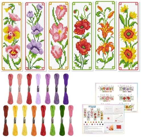 ORIGACH 6 Set Flowers Cross Stitch Bookmark Kit for Beginner with Backing Felt Floss Instructions DIY Stamped Embroidery Bookmark Kit for Adults, Book Lovers