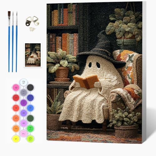 Auremi Paint by Number Kits with Framed Ghosts, DIY Halloween Paint by Number Canvas for Adults, Easy Acrylic in Canvas with Brushes for Decor 20x30cm