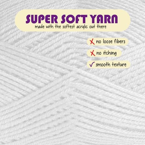 Acrylic Yarn for Crocheting & Knitting – Soft Crochet Yarn for Crocheting, 3 Pack of 370 Yards, Perfect for Crafts & Amigurumi, Medium Worsted Weight 4, White