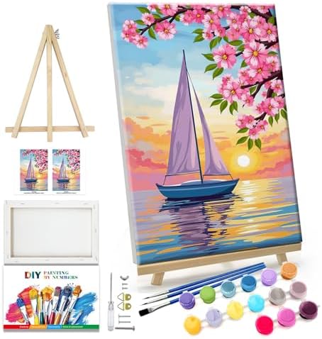 JOOZ Sailboat Paint by Numbers Kit for Adults with Frame Sunset Paint by Number with Easel Flowers Adult Paint by Number Kits Framed Canvas Oil Painting Kits for Home Wall Decor 8x12 Inch