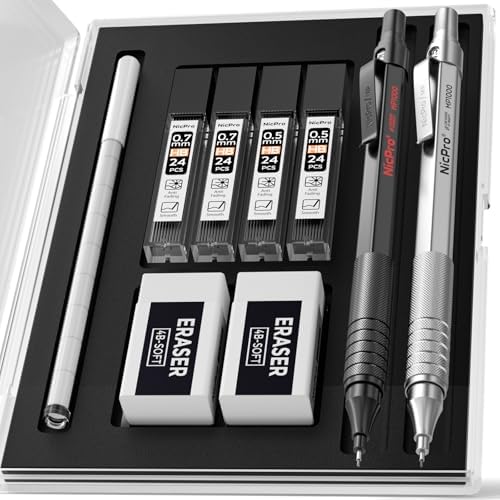 Nicpro 2 PCS Metal Mechanical Pencils 0.5mm & 0.7 mm with Case