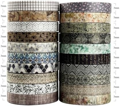 Basic Skinny Washi Tape Set 20 Rolls- Retro Antique Patterns Masking Thin Decorative Tapes for Arts, DIY Crafts, Bullet Journal, Planners, Scrapbook Decor, Gift Wrapping, Junk Journal