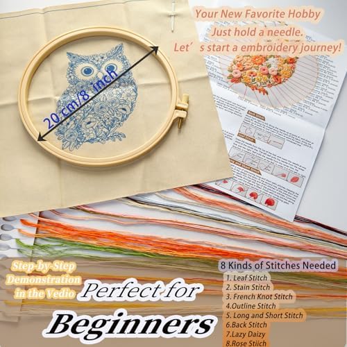 FONNUY Floral Owl Embroidery Kit for Beginners, DIY Handmade Flower Animal Embroidery Set with Hoop, Stamped Cross Stitch Kit for Adults, Unique Home Wall Art Decor & Craft Gift (Orange)