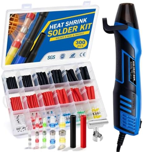 350W Mini Heat Gun Kit, 300PCS 10-26 AWG Waterproof Solder Seal Wire Connectors & 3:1 Shrink Tube Kit, Portable Hot Air Gun with 2-Temp Max 752°F (400°C) for Automotive, Marine, Wiring Repair