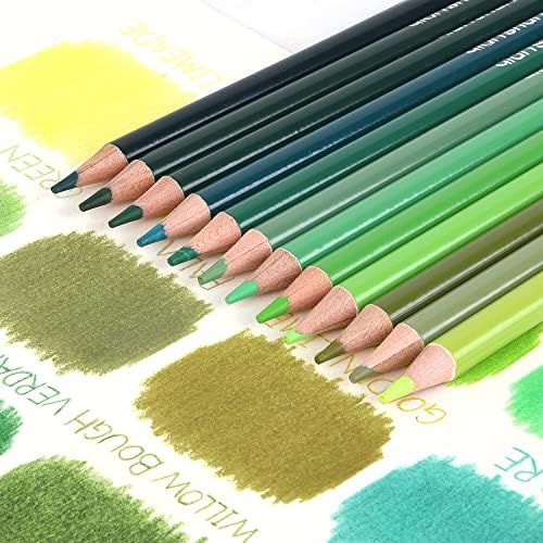 12 Green Colored Pencils Oil Based, Pre-sharpened Wooden Color Pencils Set