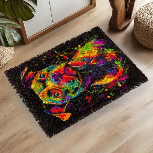 Latch Hook Rug Kit Colorful Pitbull Dog Pre-Printed Handmade Carpet Crochet Yarn Craft DIY Hook and Latch Door Mat Tapestry for Home Floor Decoration 52x38cm-2