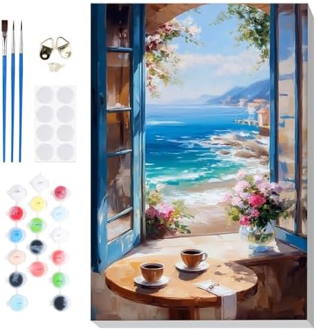 Bowetile Framed Landscape Paint by Numbers Kit for Adults, Adults' Paint-by-Number Kits on Canvas, Painting by Numbers Seaside, Acrylic Number Painting for Home Wall Decor, 8x12in