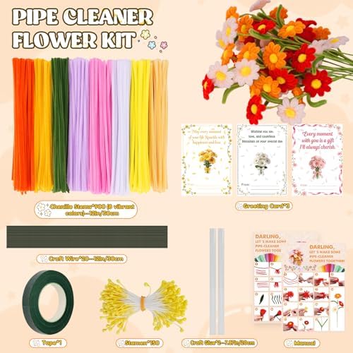 900PCS Pipe Cleaners Flower Kit, Pipe Cleaner Bulk Craft Flower Making Kit with Instruction, 8 Colors Thick Chenille Stems for Arts DIY Craft Supplies with Greeting Card, Floral Wires, Tape, Stamen