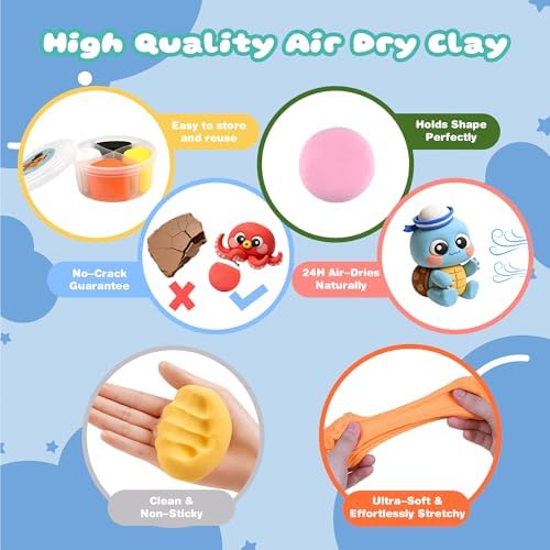 Air Dry Clay Kit, 12 Sea Creature Modeling Clay for Kids, Model Magic Clay with Sculpting Tools and Tutorials, Safe & Non-Toxic, DIY Arts & Crafts School Projects, Home Party Favors for Boys & Girls