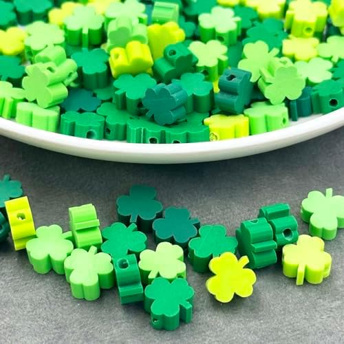100Pcs St. Patrick's Day Shamrocks Handmade Polymer Clay Beads, Luck Clover Prints Polymer Clay Spacer Beads for Women Jewelry Making DIY Charms Bracelet Necklace Hair Clip Accessories Handmade Craft