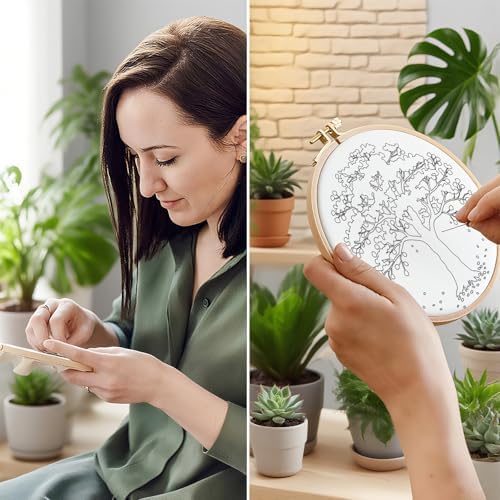 ORIGACH 5 Pcs Seasonal Tree Embroidery Kit for Beginners, Stamped Design Embroidery Starter Kit Includes Cloth, Hoops, Threads & Needles