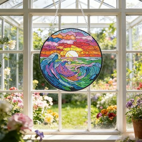 CRZMODE Stained Glass Sea Diamond Art Hanging Kit for Adults, Sea Pendant Diamonds Painting Art Kit, Special Crystal Diamond Art Painting Pendant Ornament, Craft Gift for Women Home Window Decor