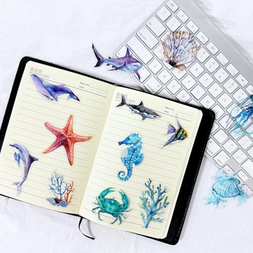 50pcs Ocean Animal Stickers for Laptop Water Bottles, Transparent PET Waterproof Adhesive Fish Decals Under The Sea Marine Life Sticker for Kids Birthday Party Scrapbook Phone (Blue)