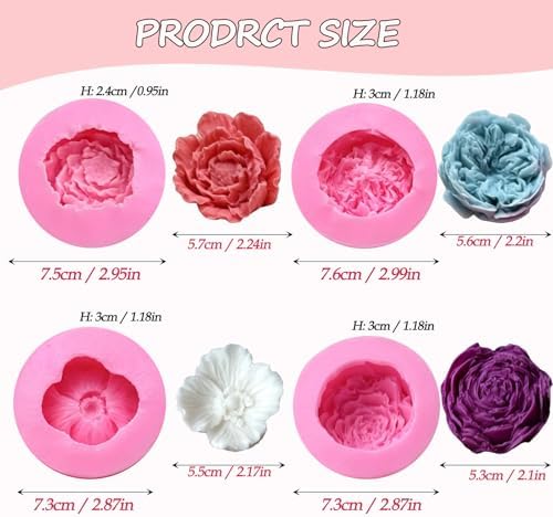 4 Pcs Flower Silicone Molds, Flower Candle Molds for Candle Making,3D Floral Silicone Resin Mold Peony Rose Ranunculus Fondant Mold for Chocolate Cake Decorating Soap Wax Resin Craft