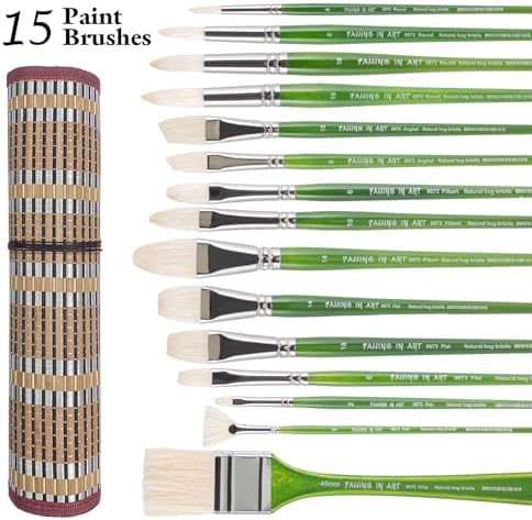 Falling in Art 15 Pcs Professional Oil Paint Brush Set, Natural Hog Bristle