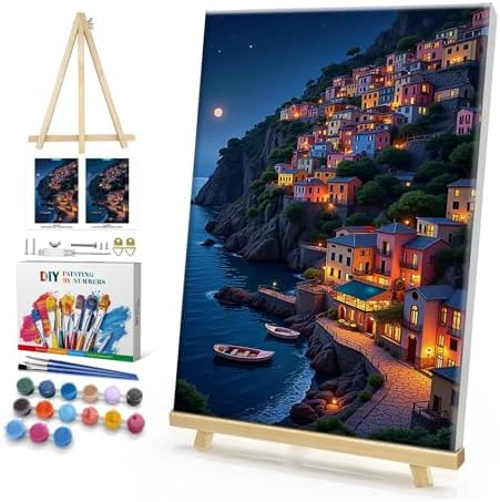 HeeBenor Framed Paint by Numbers Kit for Adults, Seaside Town Paint by Number with Easel, DIY Landscape Oil Painting by Number, Adult Paint by Number Kits Framed Canvas for Home Wall Decor 8x12 Inch