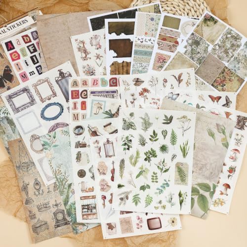 Scrapbook Supplies Kit, 24 Sheets 500+ Scrapbook Craft Paper & Vintage Stickers All-in-One Junk Journaling Set(Vintage)