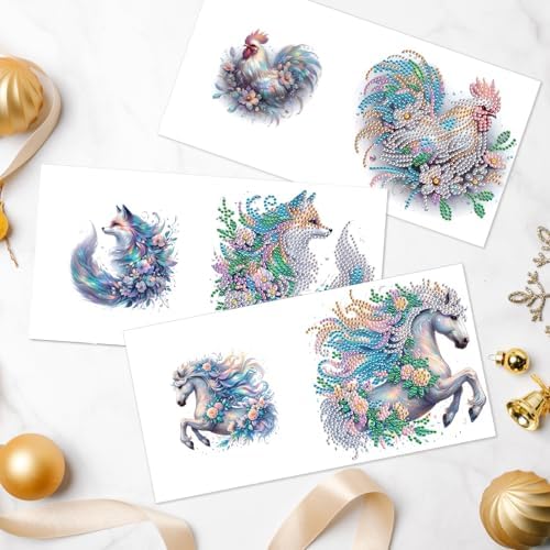 AiYuanzsh Set of 6 Animal Diamond Painting Greeting Cards - Rooster, Turtle, Elephant, Horse, and Fox Designs 5D DIY Craft Kits with Colorful Rhinestones Diamond, Perfect for Birthday and Anniversary