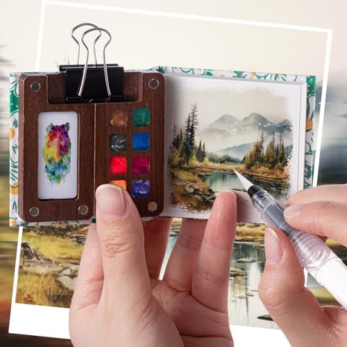 Qilery Mini Portable Watercolor Palette Set Wooden Grid Paint Box Watercolor Paper Sketch Book Brush Pens with Binder Clip for Painters Artist Not Include Paint(Mountain Chrysanthemum)