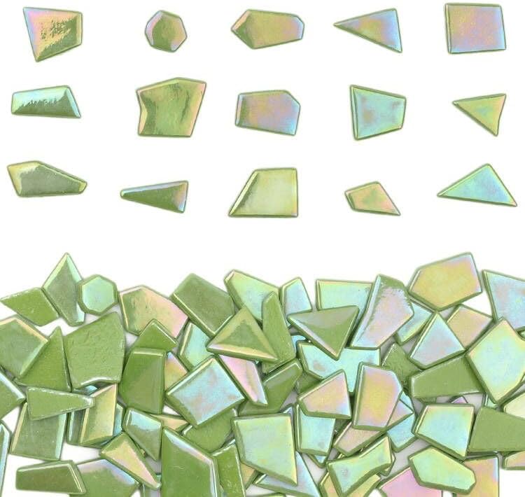 Youway Style Iridescent Glass Mosaic Tiles for Crafts Bulk,200g Green Broken Mosaic Glass Pieces for Garden Crafts Kits,DIY Mosaic Art Decor