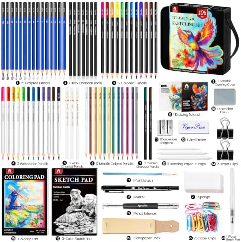 106 PCS Art Supplies Sketching Kit, Pro Drawing Pencils Art Kit Adults Gift