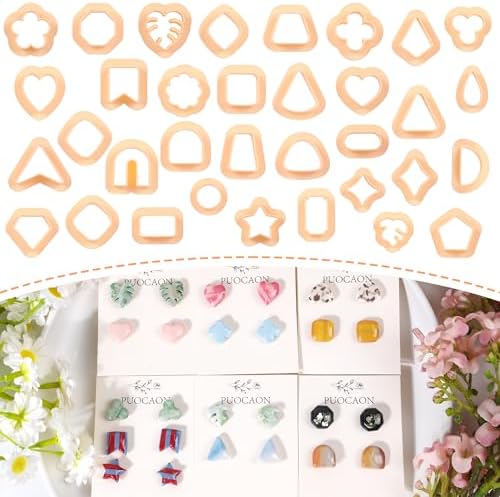 Puocaon Small Polymer Clay Cutters - 34 Shapes Stud Earring Clay Cutters Heart Diamond Monstera Circle