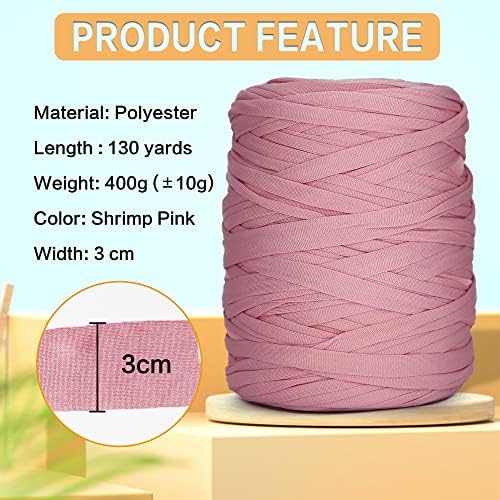 400g T-Shirt Elastic Fabric Crochet Cloth Yarn for DIY Knitting, 130 Yards Spaghetti Thick Knitting Yarn for Hand DIY Bag Basket Cushion Crocheting Projects Home Decor (Shrimp Pink)