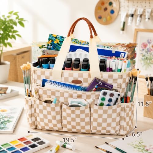 APOFFICE Large Craft Organizer Tote Bag with Multiple Pockets, Art Supply Storage Caddy with Removable Bottom Board and Shoulder Strap for Painting, Sewing, Scrapbooking and Classroom Supplies