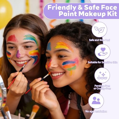 54 Color Face Painting Kit - Non-Toxic Water Based Face and Body Paint Set with Brushes, Stencils, Sponges - For Sensitive Skin, Halloween, Carnival, Birthday Parties, Festivals & Events.