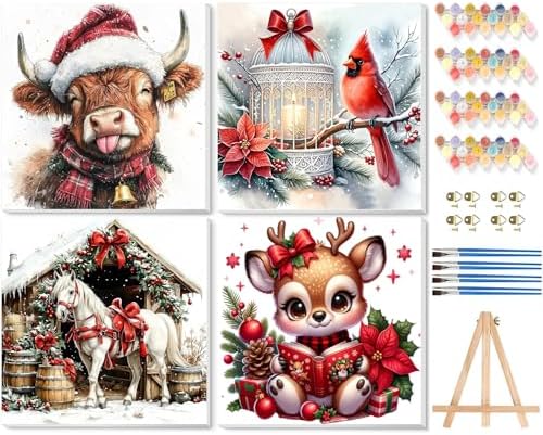 VIGEGU 4 Pack Christmas Paint by Numbers Kit for Adults with Framed,Cow Horse Deer Cardinal Lantern House Paint by Number DIY Adult Paint by Number Kits for Wall Decor 10x10in