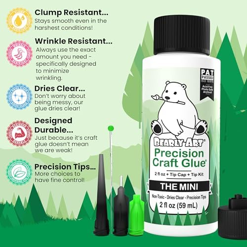 Bearly Art Precision Craft Glue Mini 2 fl oz with Tip Kit Archival | Acid Neutral Archival Safe, Dries Clear, Freeze stable, Wrinkle & Crack Resistant, Strong Flexible Hold Formula, Made in USA