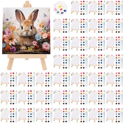 Qilery 36 Set 4 x 4 Inch Mini Canvas Boards with Easel Painting Kit, Acrylic Paints Strips, Brushes, Palette, Oil Art Set for Acrylic Birthday Party Favors